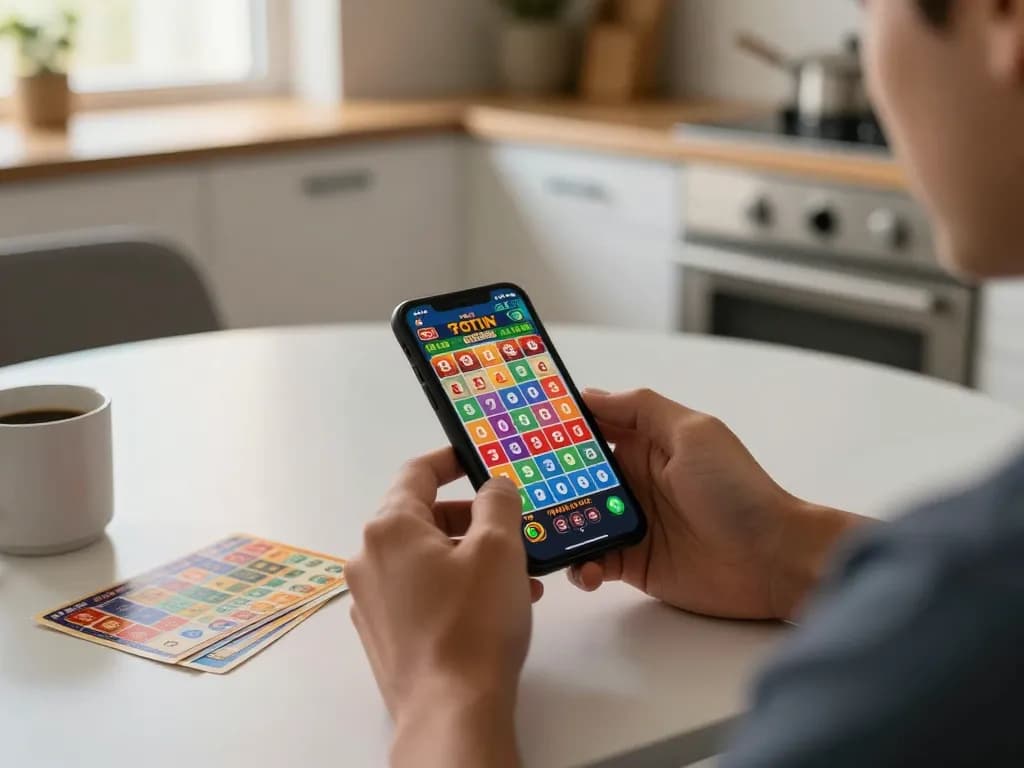 Engaging in togel online lottery game using smartphone while enjoying a cozy coffee at home.