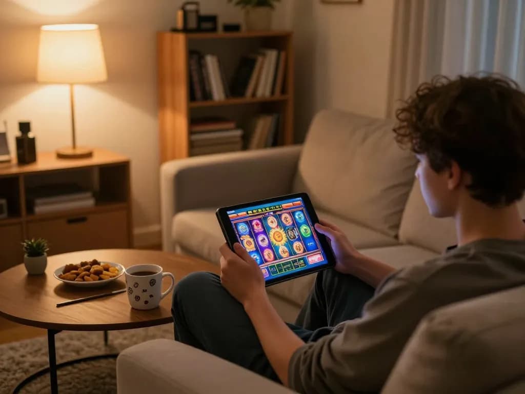 Pemain menikmati permainan situs slot di tablet dalam pengaturan rumah yang nyaman dengan pencahayaan hangat