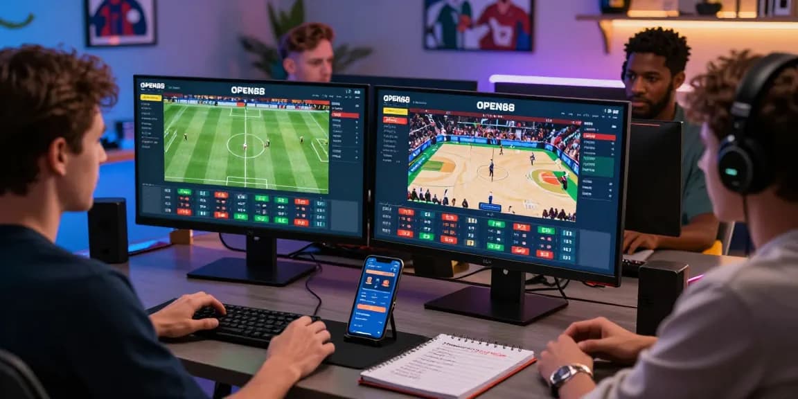Exciting scene of diverse individuals engaging in online betting at OPEN88, showcasing live sports and dynamic atmosphere.