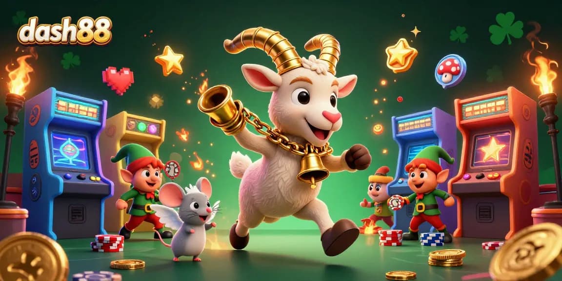 Experience the dash88 thrill at a vibrant casino with Krampus and festive characters in a chaotic scene.