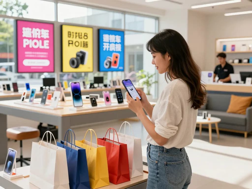 Engaging DEWI123 e-commerce shopping scene showcasing a young woman browsing products.