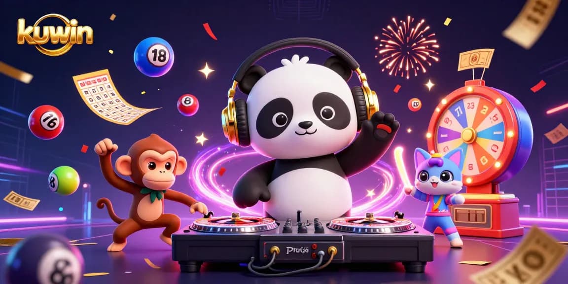 Experience winning with kuwin: a vibrant scene of a DJ panda spinning and dynamic game elements.