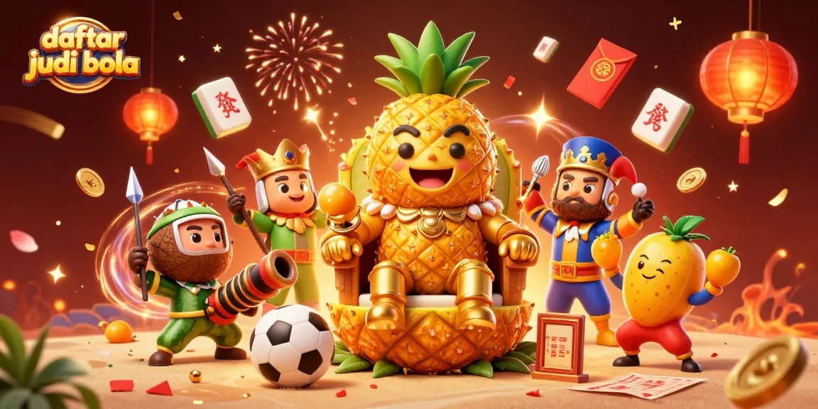 Engage in daftar judi bola with energetic sports betting characters and festive casino elements.