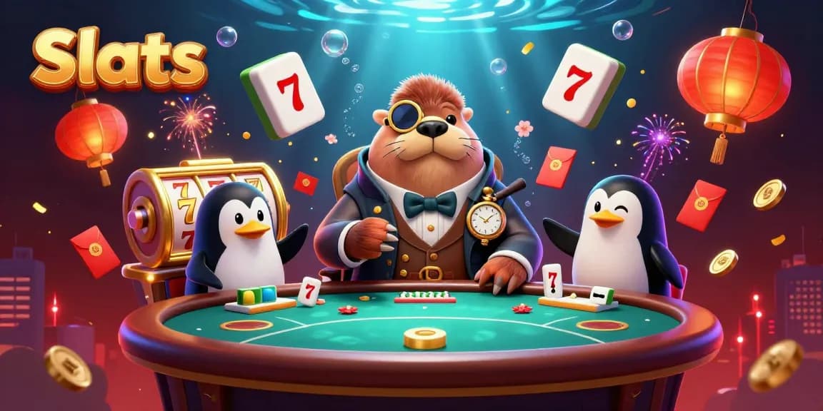 Spin the reels and win big in this vibrant Slots scene with a jovial walrus and friends.