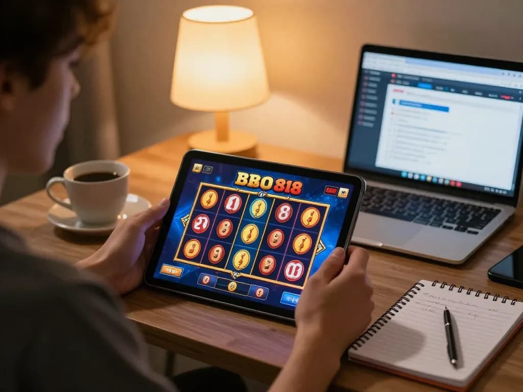 Engaging in a slot88 game on a tablet, showcasing online gaming excitement at home