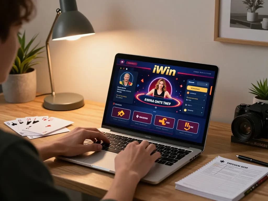 iWin online gaming session with player engaged in a poker game on laptop showing strategy and betting options.