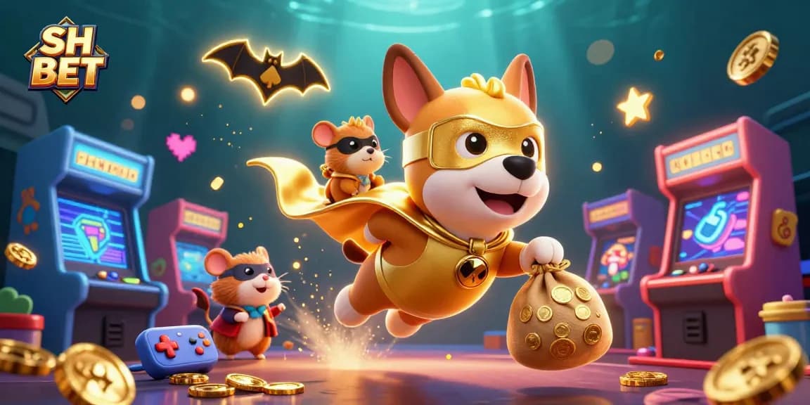 SH BET superhero dog and hamster celebrate gaming excitement in a vibrant casino illustration.