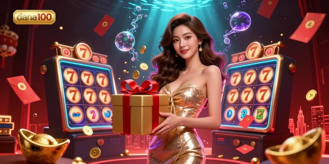 Showcase the vibrant casino scene with dana100, highlighting a stunning Asian woman in elegant attire surrounded by slot machines.