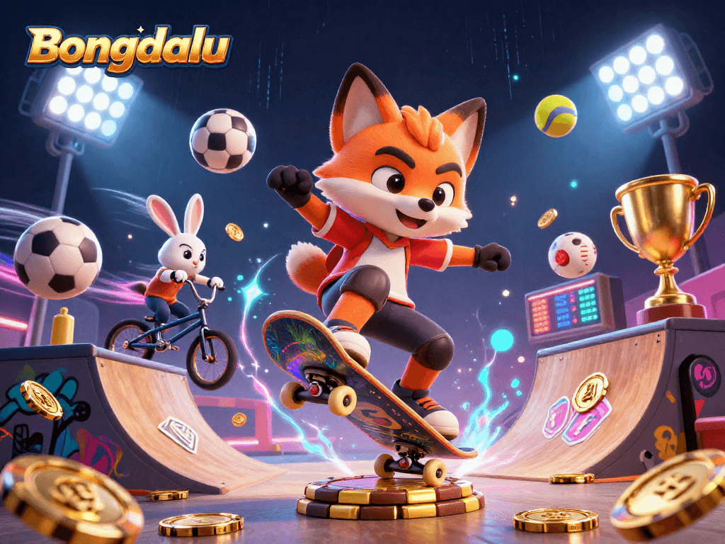Bongdalu showcases animated fox and rabbit engaging in thrilling sports stunts amidst vibrant casino-themed graphics.