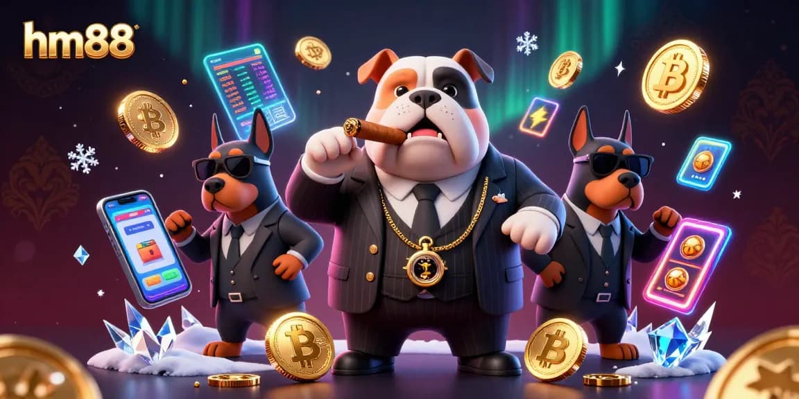 Play exciting games at hm88 with a mafia boss bulldog, Doberman bodyguards, and vibrant casino elements.