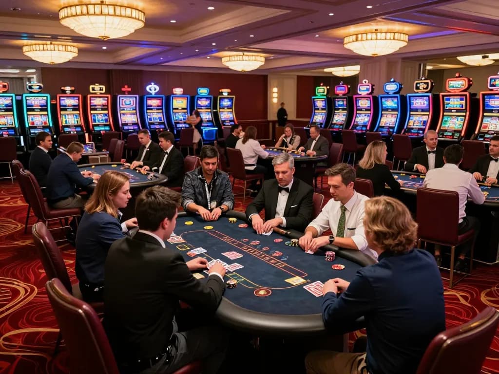 IDNSCORE players enjoying blackjack and poker amidst vibrant casino atmosphere, showcasing excitement.