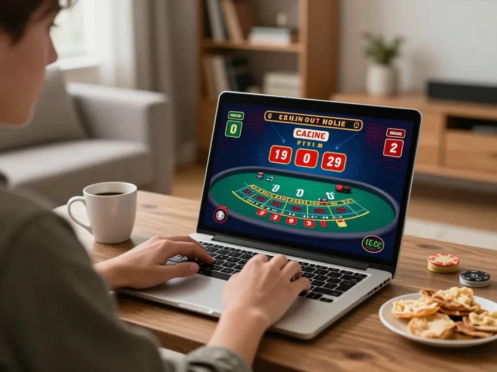 Engaged player enjoying a Casino Online baccarat game on a laptop, creating a cozy gaming atmosphere at home