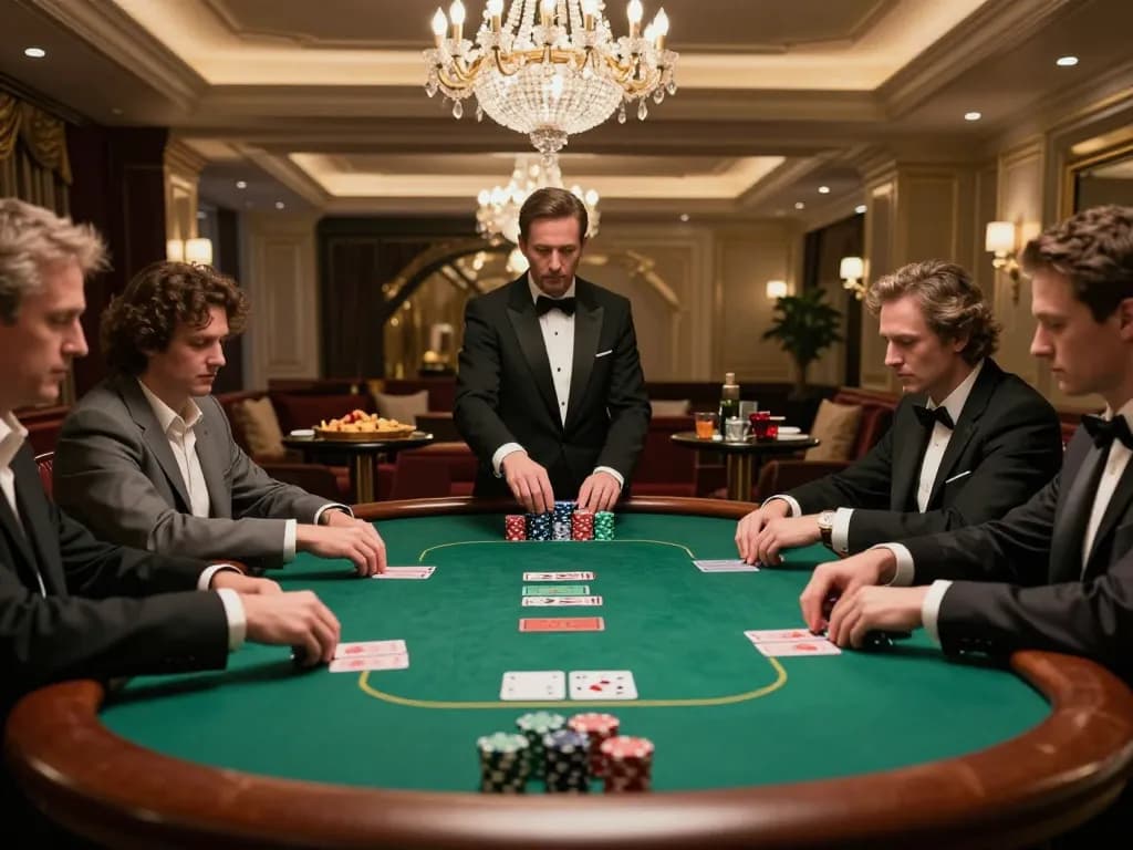 Permainan poker yang menarik di meja pemain tinggi menunjukkan pemain yang sedang merancang strategi, fokus GOLDWIN88 pada permainan elit.