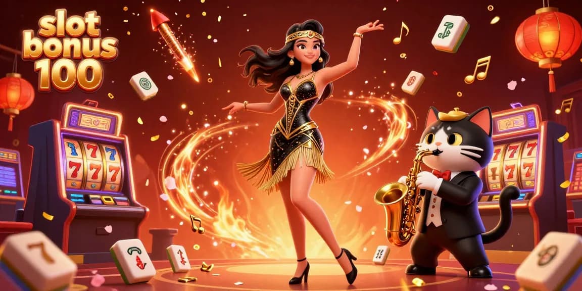 Engage with the exciting slot bonus 100 in this vibrant casino scene featuring dancing characters and celebratory elements.
