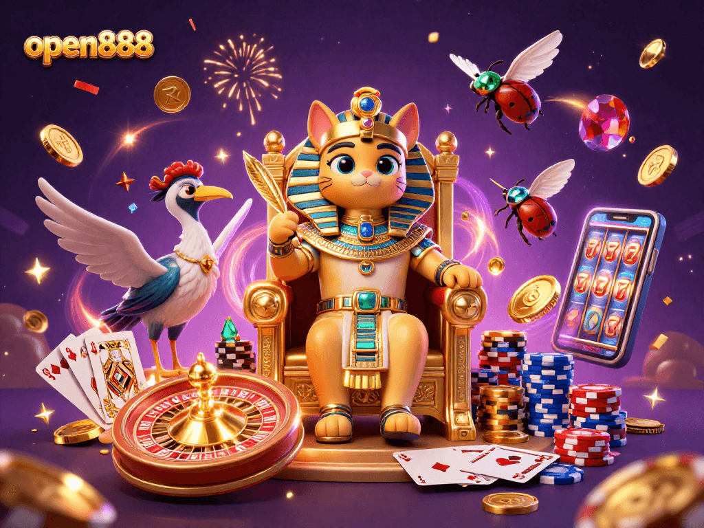 Experience the thrill of winning with open888 in this vibrant casino illustration featuring exciting game elements.