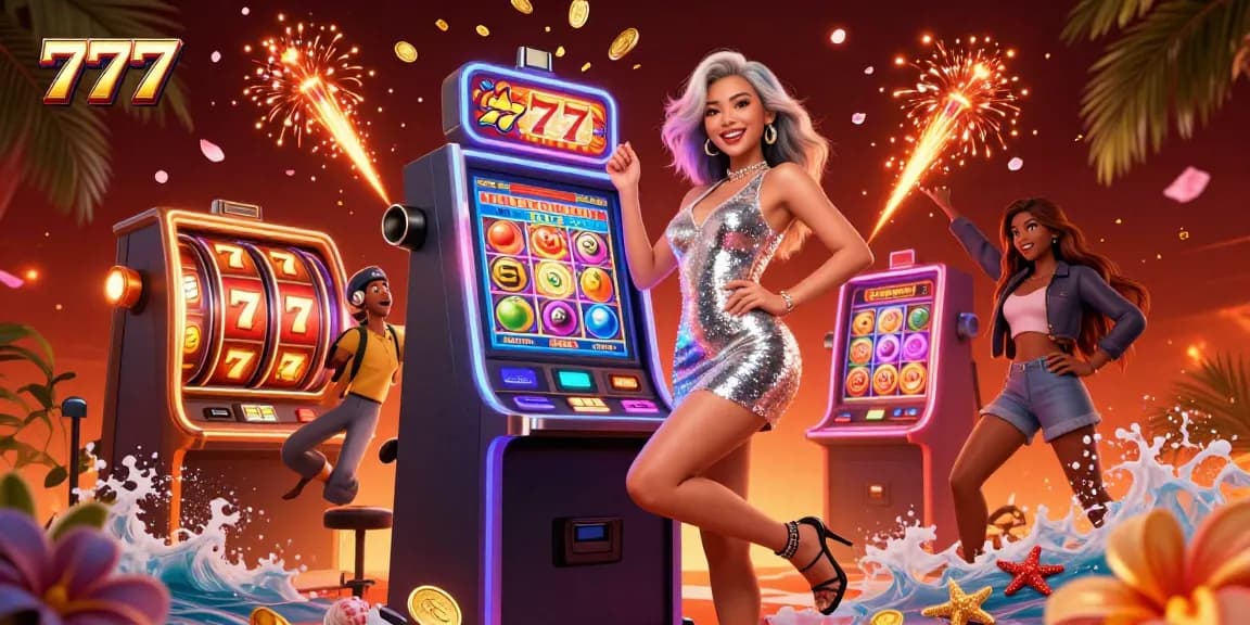 Spin the 777 jackpot with vibrant slots and celebratory energy in this animated casino scene.