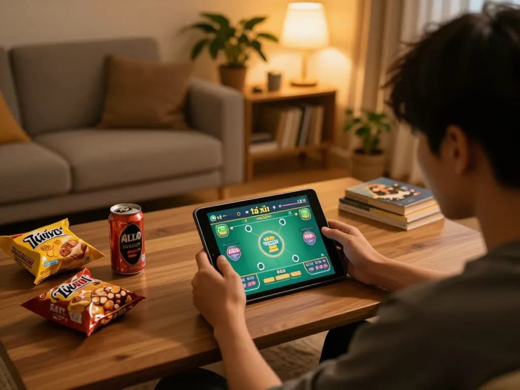 Tài xỉu online gameplay on tablet, showcasing a strategic betting session in a cozy home