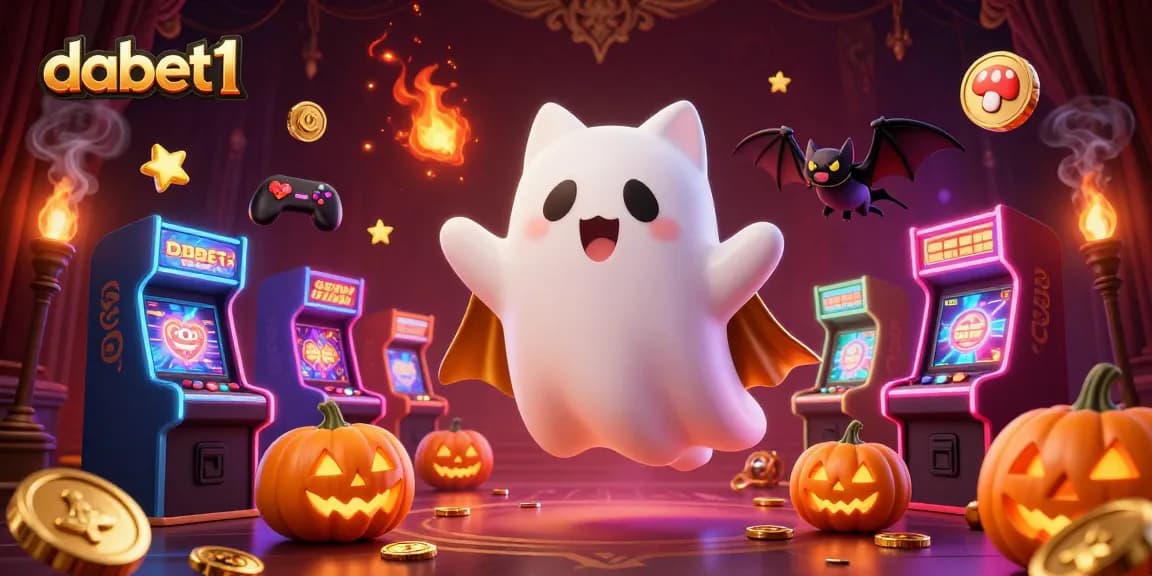 Engage in dabet1's haunted casino adventure with a ghost cat and vampire bat amidst glowing slot machines.