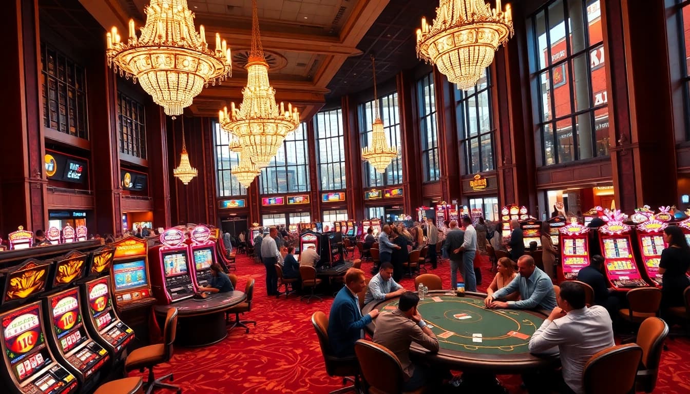 Engaging scene showcasing top casinos with players at a vibrant poker table in a luxurious casino lobby.
