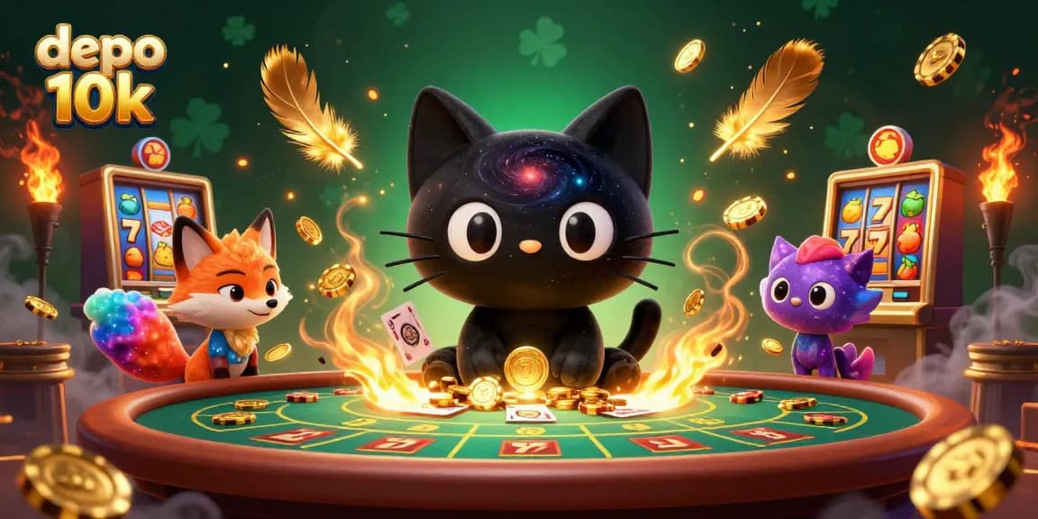 Spin and win big with depo 10k as a lucky cat draws in chips and cards at a vibrant casino.