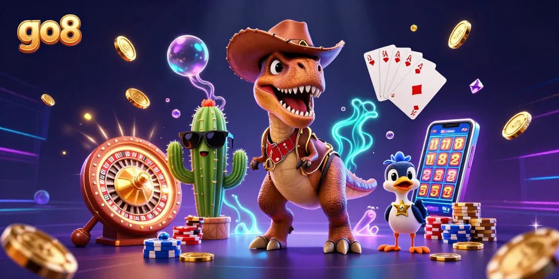 Experience thrilling wins at go8 with a vibrant 3D casino adventure featuring a T-Rex and friends.