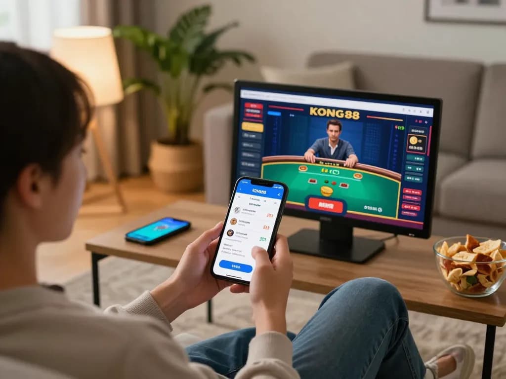 KONG88 app gameplay on a mobile device, showing exciting live dealer poker interactions in a cozy home setting.