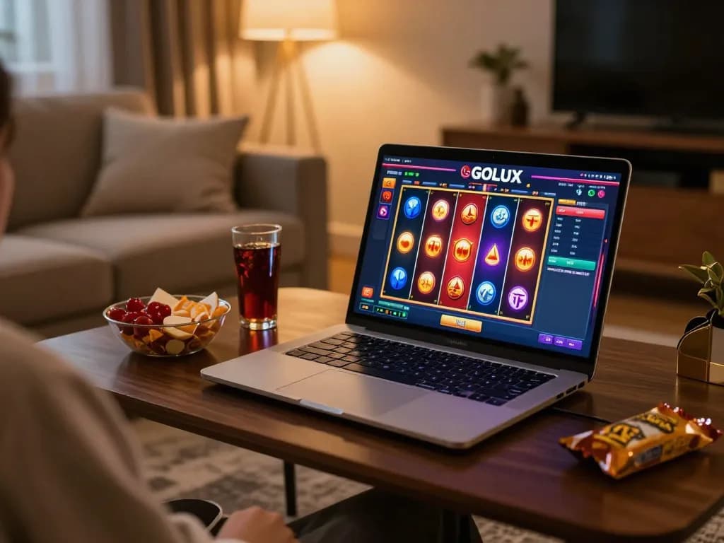Person winning on LGOLUX online slots, capturing excitement in a cozy home setting.