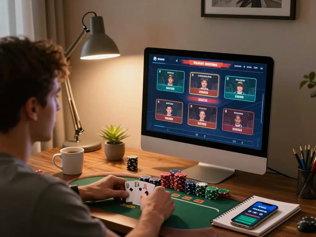 Pemain yang terlibat dalam sesi strategi poker online menggunakan aplikasi leci123a di kantor rumah yang stylish.