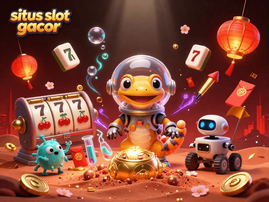 Experience high-stakes excitement with situs slot gacor, showcasing animated slots and golden treasures.