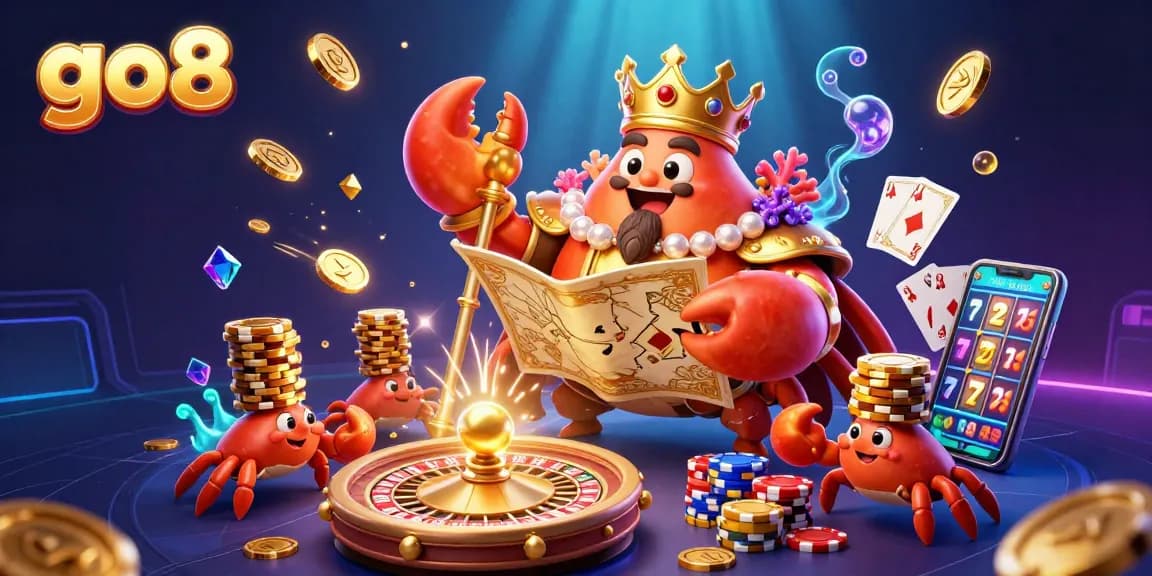 Experience the thrilling world of go8 with a golden crab emperor amidst cascading treasures and vibrant casino elements.
