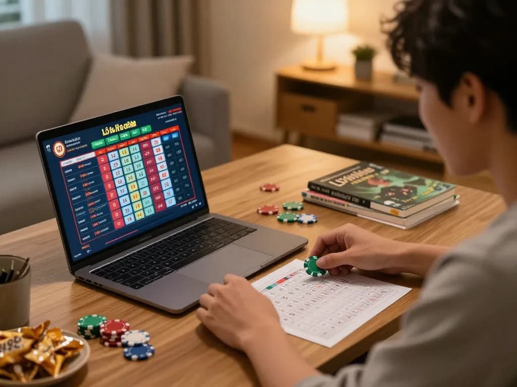 Player actively engaging in Lô đề online betting with laptop and chips on the table.