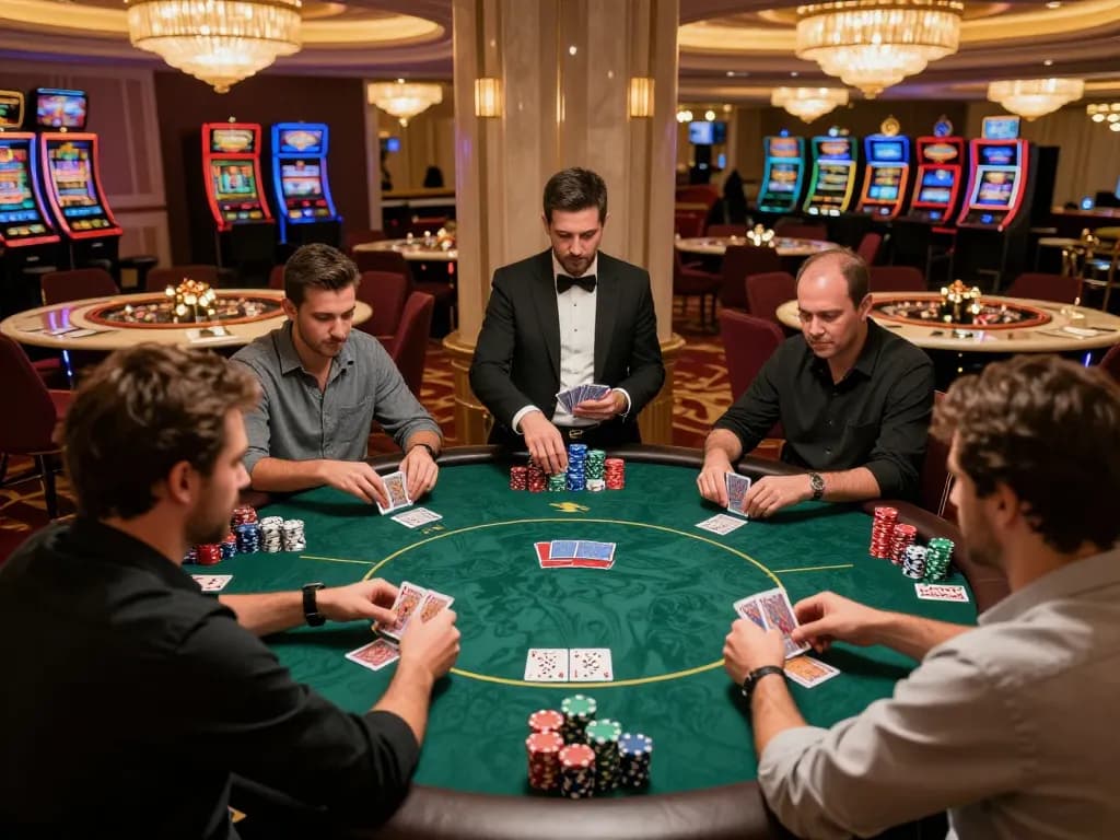 Players strategize during a thrilling poker game at 88i casino venue, showcasing vibrant chips and elegant decor.