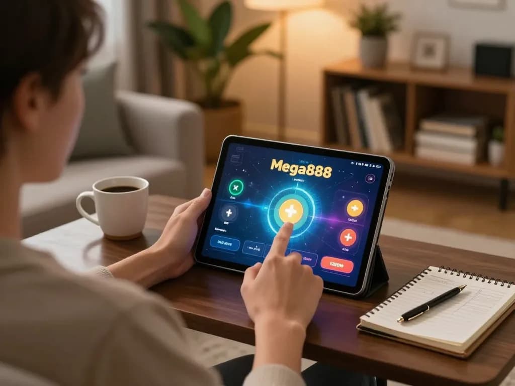 Engaging with the app mega888 at home, showcasing online gaming excitement and comfort.