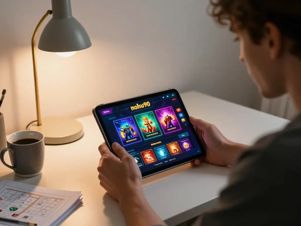 Player engaging with nohu90 casino games on tablet during a cozy gaming session at home.