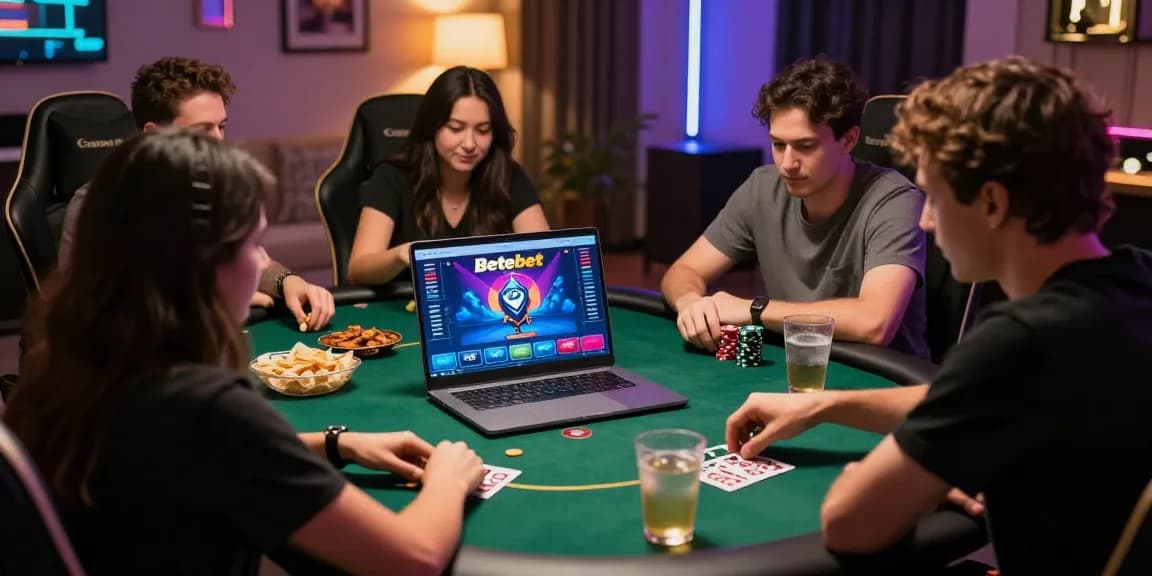 Betebet online gambling experience with players at a virtual poker table, showcasing excitement and interaction.
