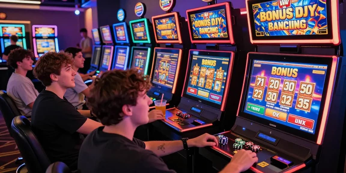 Exciting players engaged in bonus buy slots UK gameplay in a colorful casino environment.