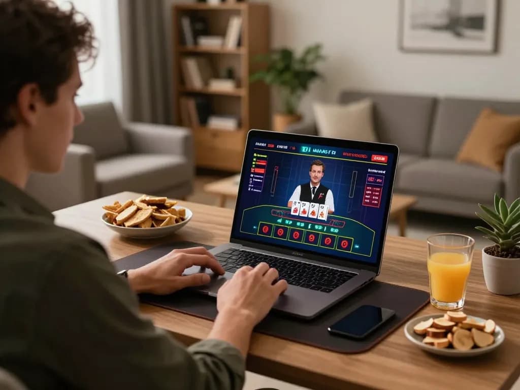 Player enjoying online blackjack at 32win with engaging live dealer experience, cozy setup and snacks.