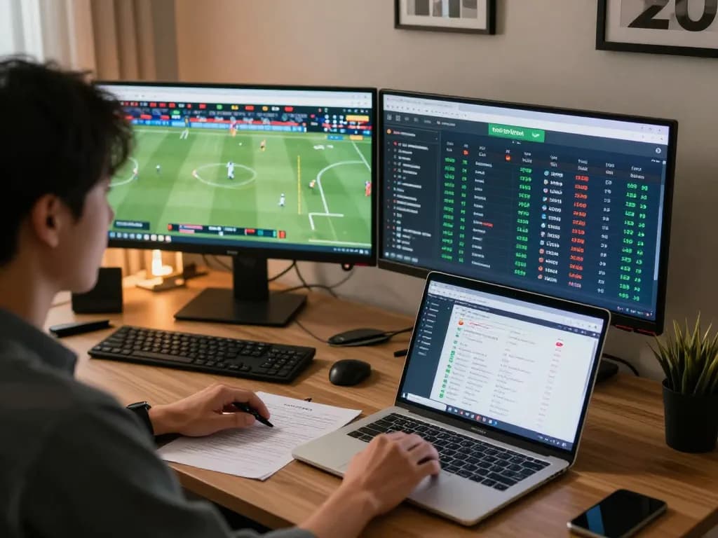 Engaging in sports betting, analyzing kèo nhà cái with dual monitors for strategic insights.
