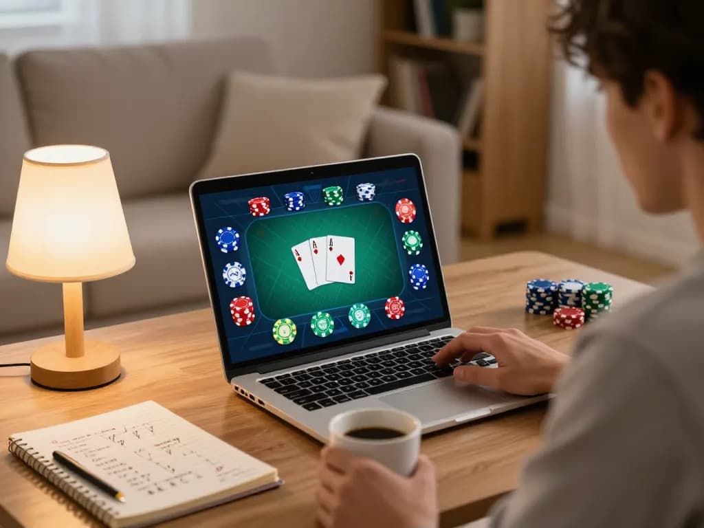 Phtaya player enjoying online poker on a laptop, showcasing strategy notes and vibrant game interface.