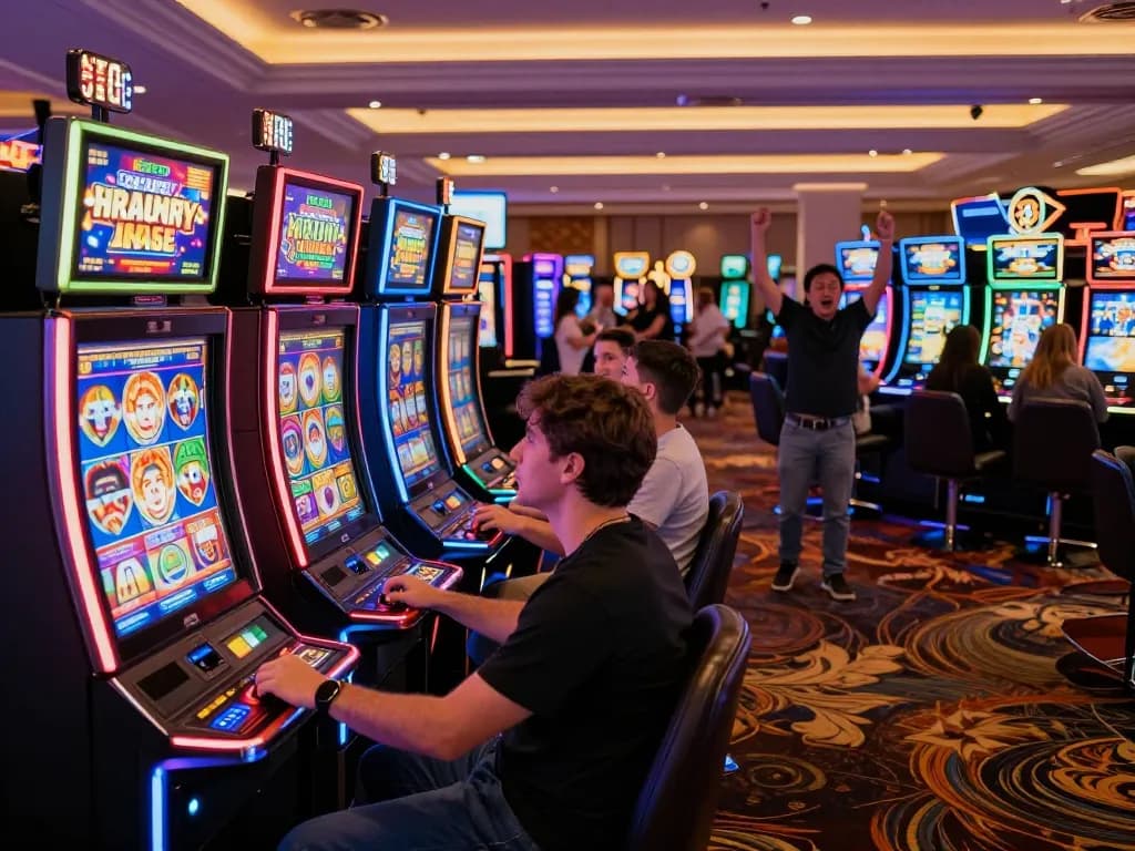 Go88 players enjoying vibrant slot machines in a lively casino atmosphere.