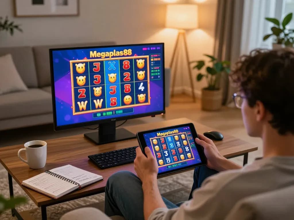 Engaged player experiencing a winning moment on megaplus88 while playing online slots at home.