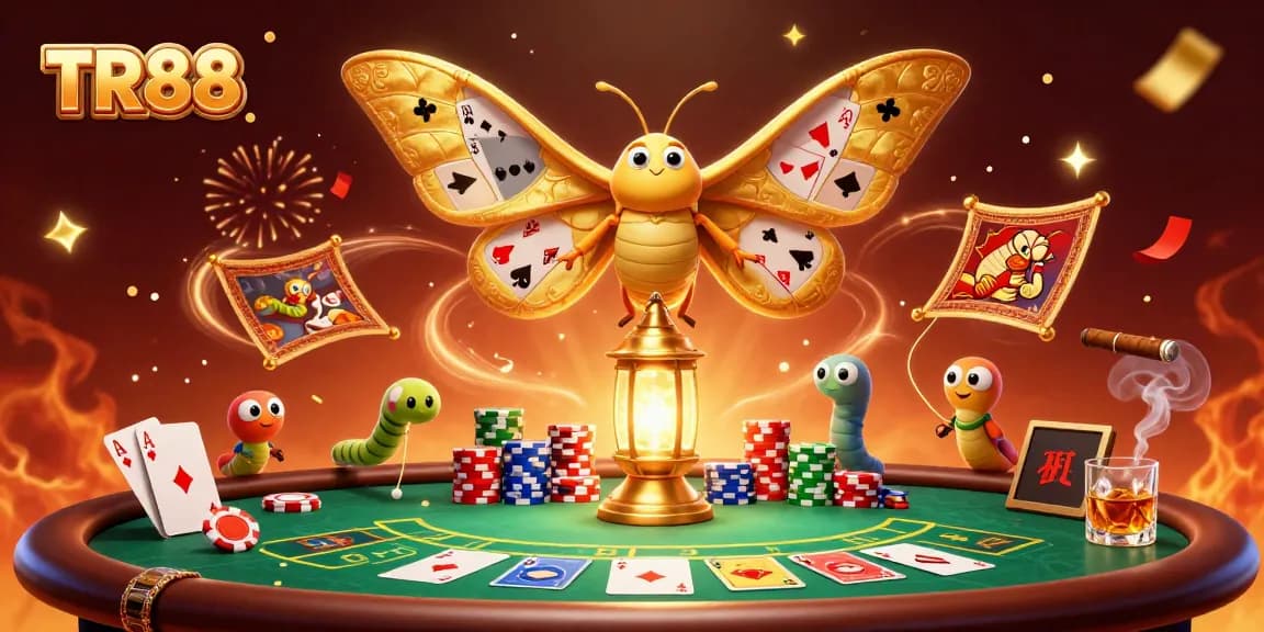Experience the excitement of TR88 with a vibrant poker scene featuring golden elements and playful characters.