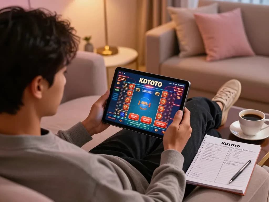 KDTOTO player engaging in online gambling on a tablet while surrounded by strategic notes and warm ambiance.