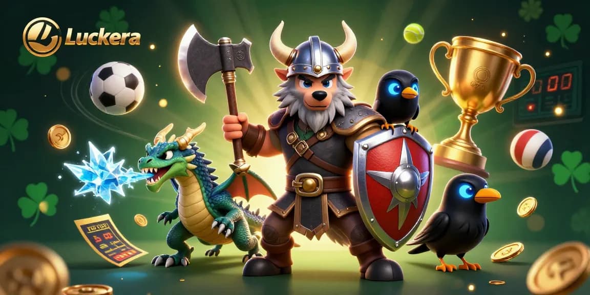 Luckera strengthens your game with a dynamic Viking warrior, dragon, and sports action illustration.