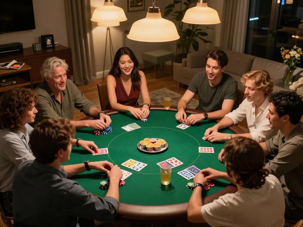Enjoying a home poker game with friends while strategizing on f8betlv platform for better odds.