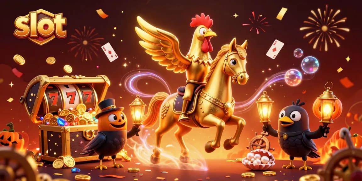 Mainkan slot dengan keberuntungan di kasino, dikelilingi oleh pion unik dan harta karun yang berkilauan.