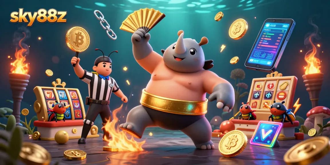 Engaging sky88z slot game scene with a sumo beetle champion, coins flying amid dynamic elements.