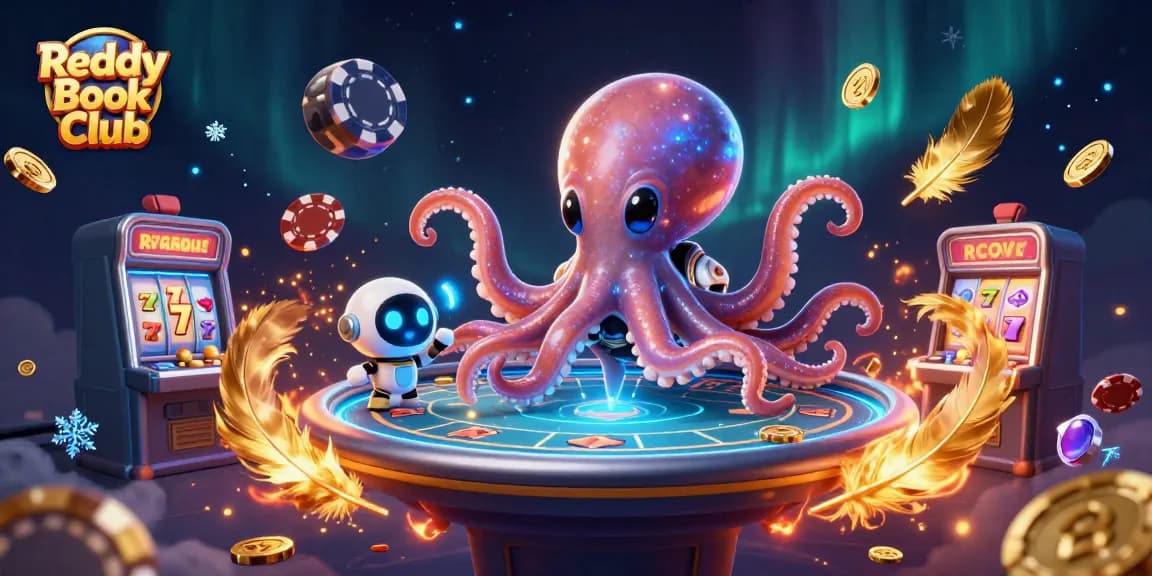 Experience vibrant gaming at Reddy Book Club with a fun alien octopus managing a holographic poker table.