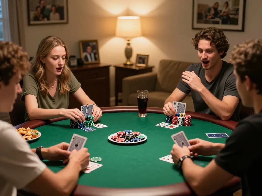 KÈO TRỰC TUYẾN players engaged in a lively poker night with colorful chips and cards, embracing the thrill of strategy.