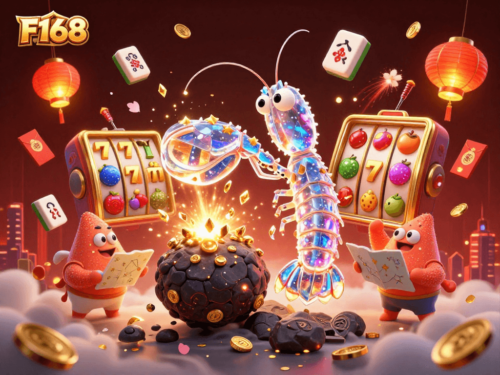 Engage with F168 by exploring thrilling slot adventures in this dynamic 3D casino scene.